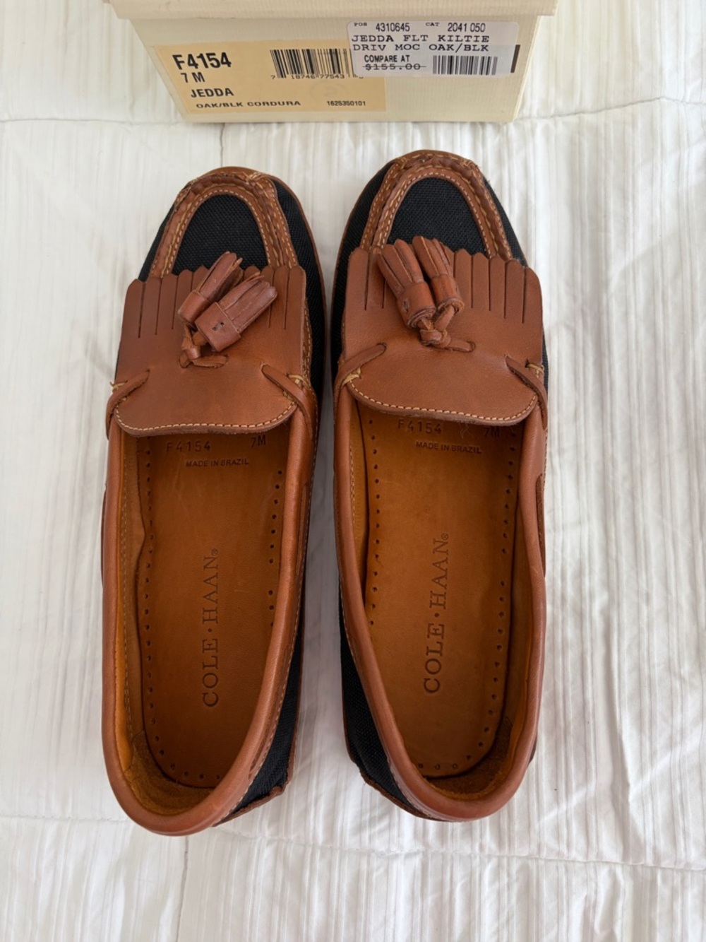 Cole Haan Brown Leather Tassel Loafers with Black Fabric Panels - Brand New